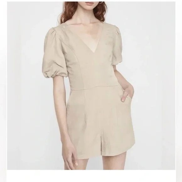 Express Linen-Blend Puff Sleeve Romper - Picture 1 of 7
